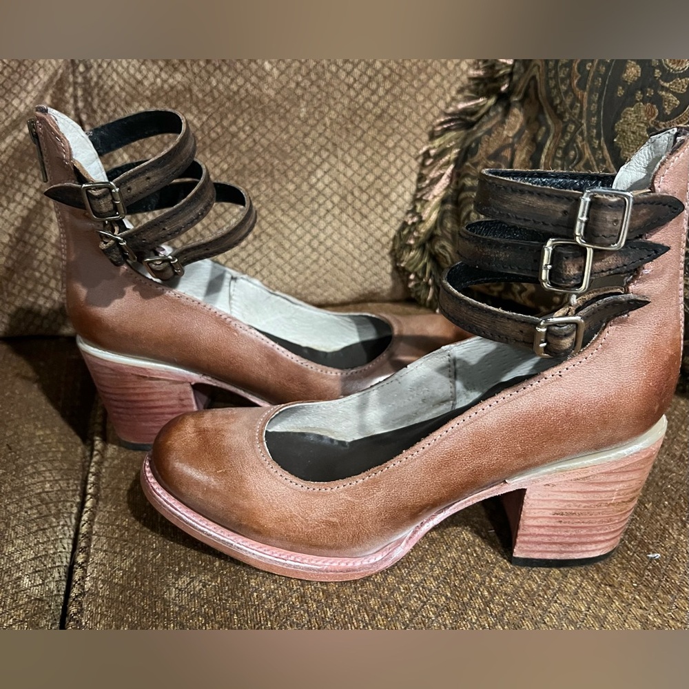 Freebird by Steven Brown Leather Mary Jane Heels with Black Strap Accents